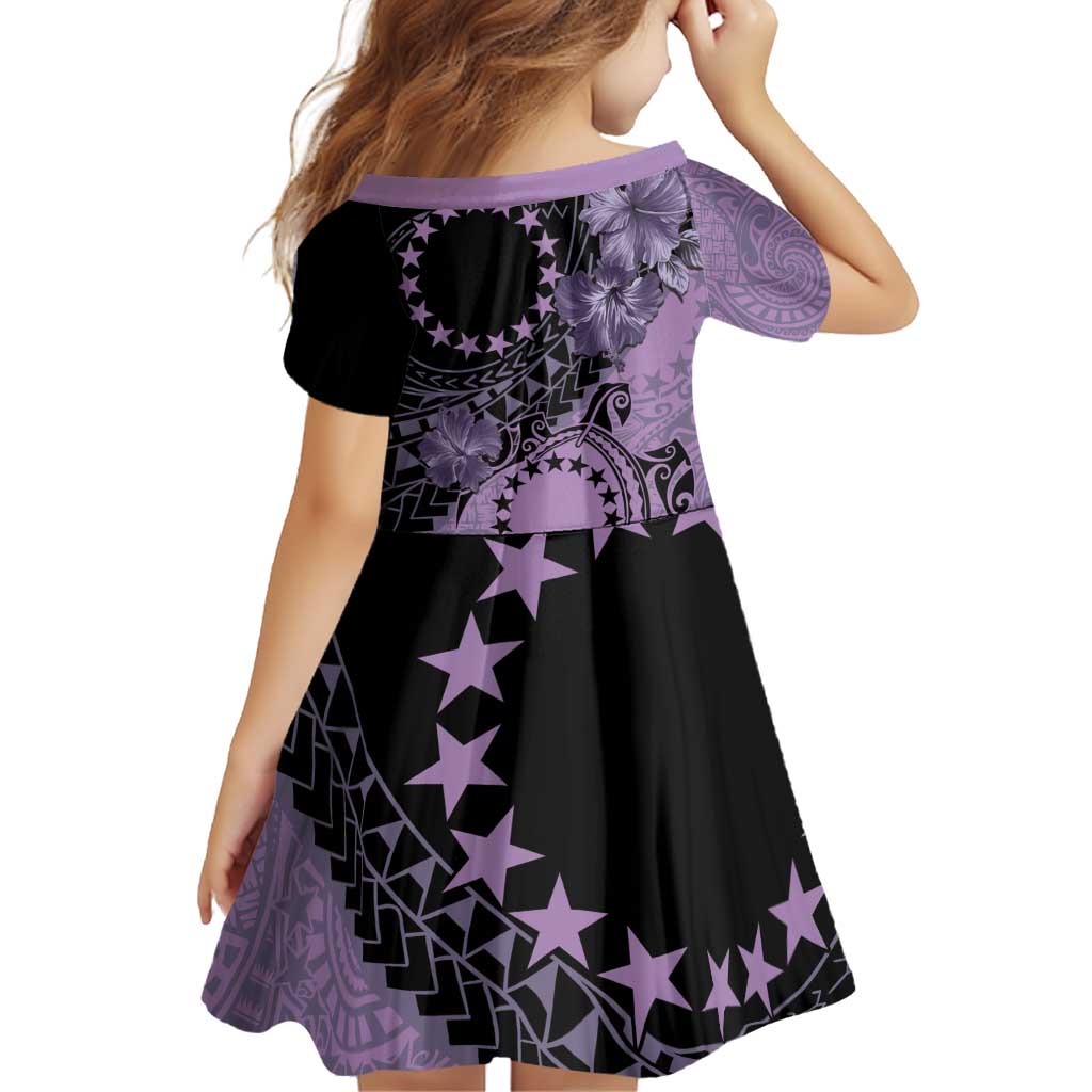 Cook Islands Turtle Family Matching Off Shoulder Short Dress and Hawaiian Shirt Stars and Hibiscus - Purple