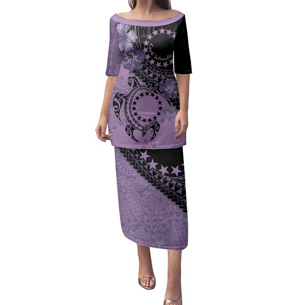 Cook Islands Turtle Family Matching Puletasi and Hawaiian Shirt Stars and Hibiscus - Purple LT01 Mom's Dress Purple - Polynesian Pride