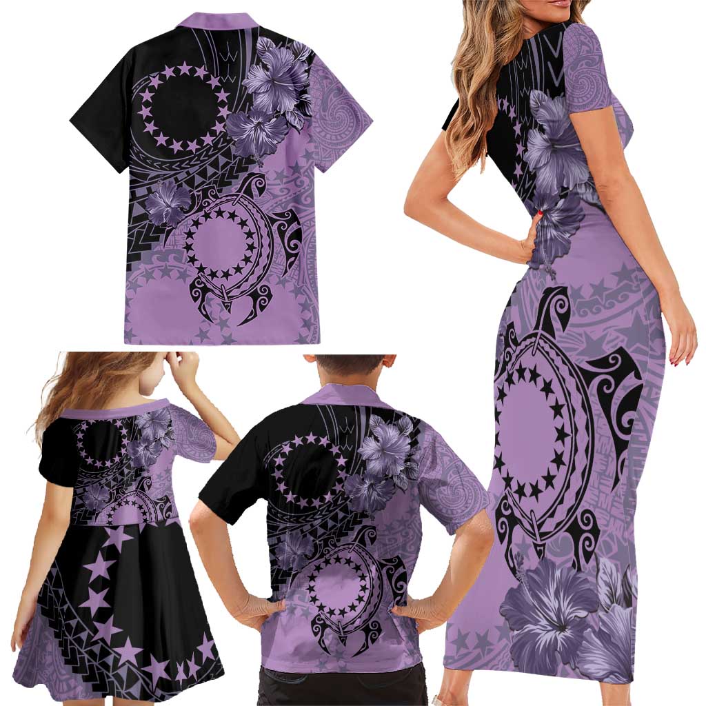 Cook Islands Turtle Family Matching Short Sleeve Bodycon Dress and Hawaiian Shirt Stars and Hibiscus - Purple LT01 - Polynesian Pride