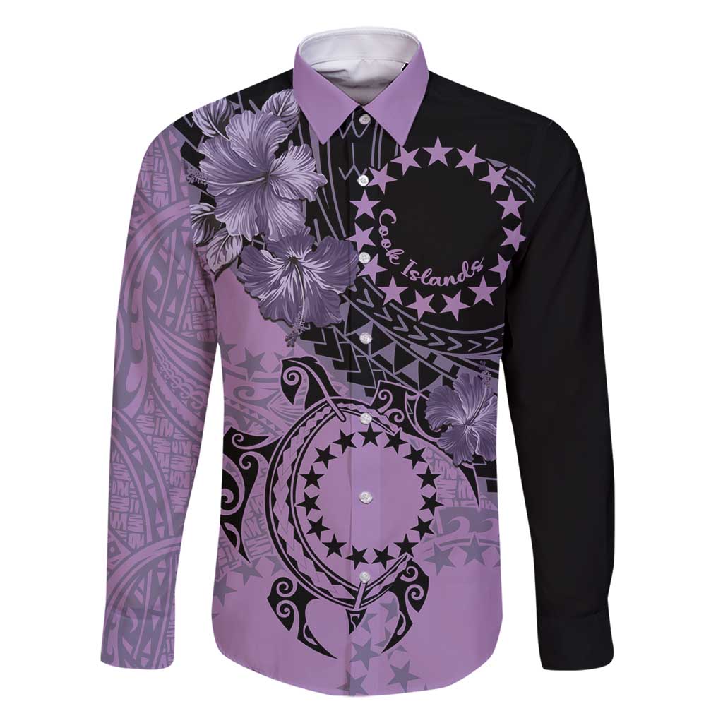 Cook Islands Turtle Family Matching Tank Maxi Dress and Hawaiian Shirt Stars and Hibiscus - Purple LT01 Dad's Shirt - Long Sleeve Purple - Polynesian Pride