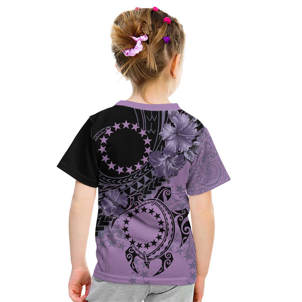 Cook Islands Turtle Kid T Shirt Stars and Hibiscus - Purple