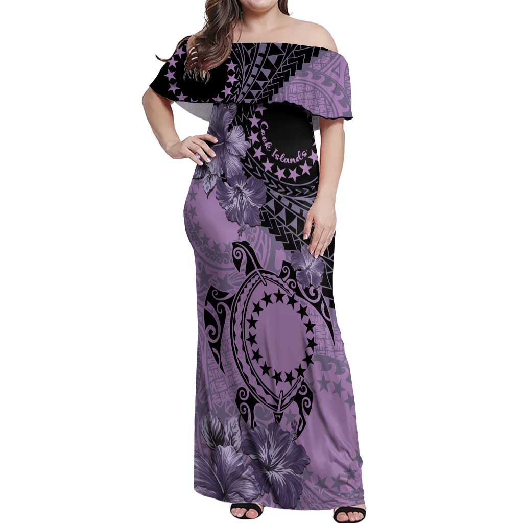 Cook Islands Turtle Off Shoulder Maxi Dress Stars and Hibiscus - Purple