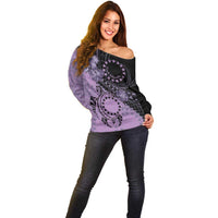 Cook Islands Turtle Off Shoulder Sweater Stars and Hibiscus - Purple