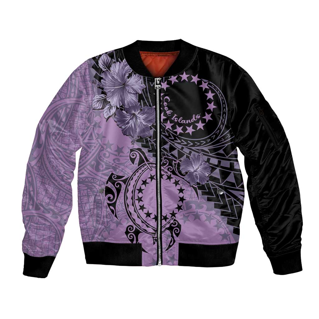 Cook Islands Turtle Sleeve Zip Bomber Jacket Stars and Hibiscus - Purple