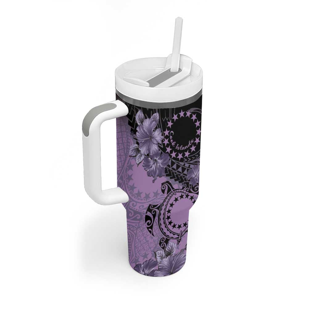 Cook Islands Turtle Tumbler With Handle Stars and Hibiscus - Purple
