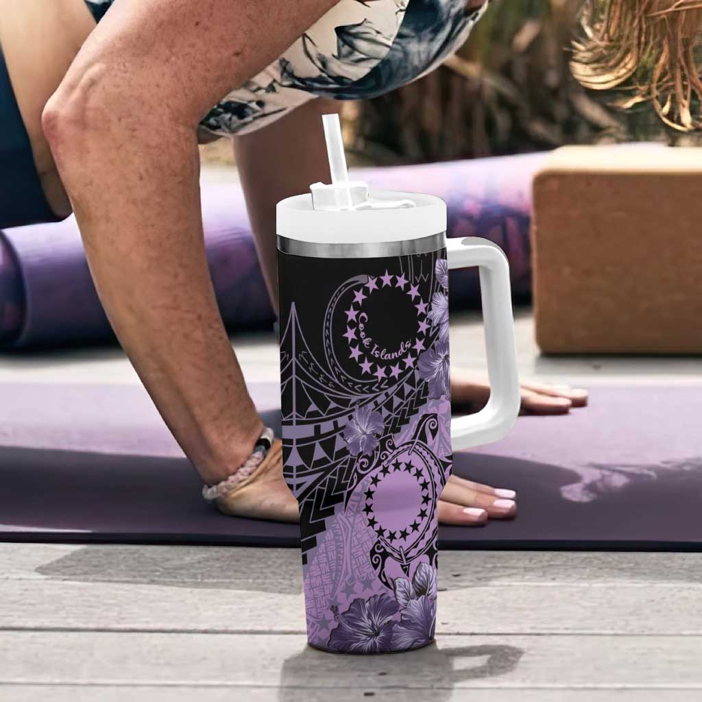 Cook Islands Turtle Tumbler With Handle Stars and Hibiscus - Purple
