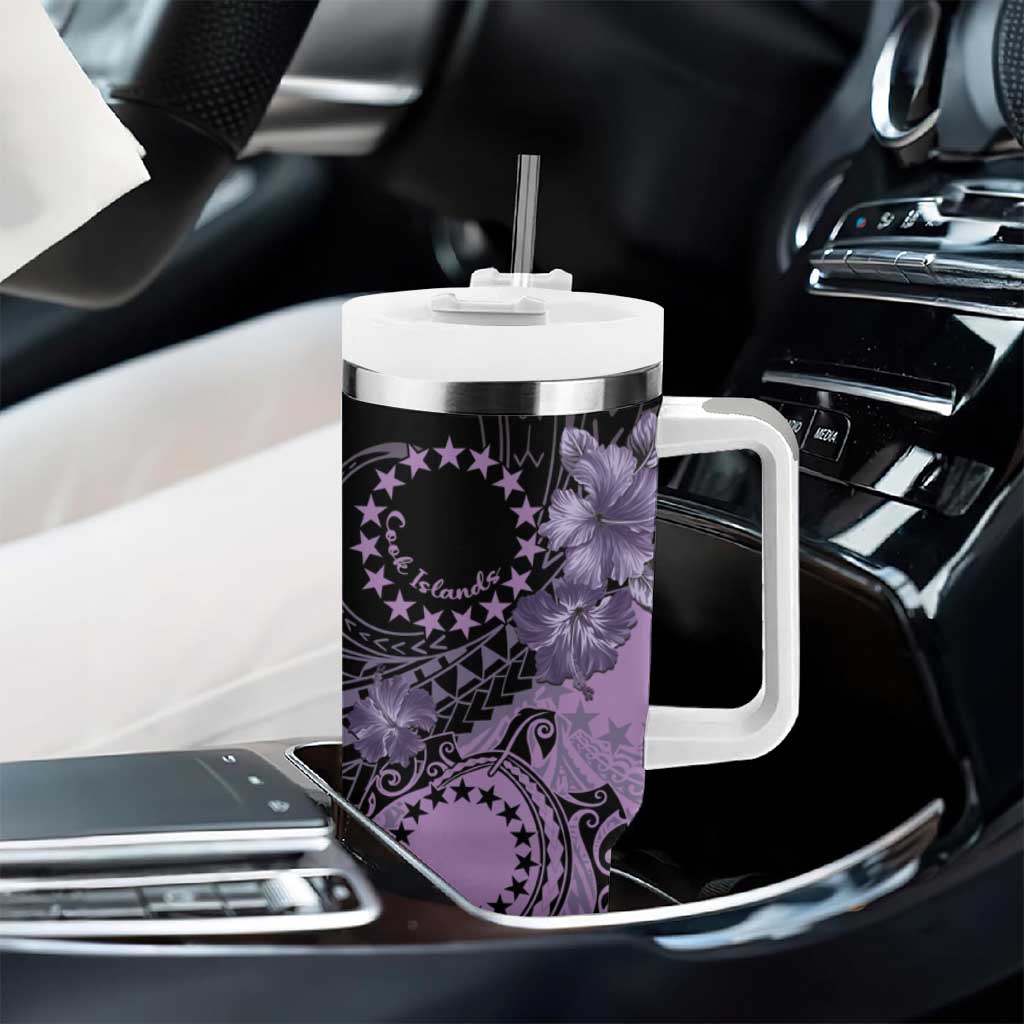 Cook Islands Turtle Tumbler With Handle Stars and Hibiscus - Purple