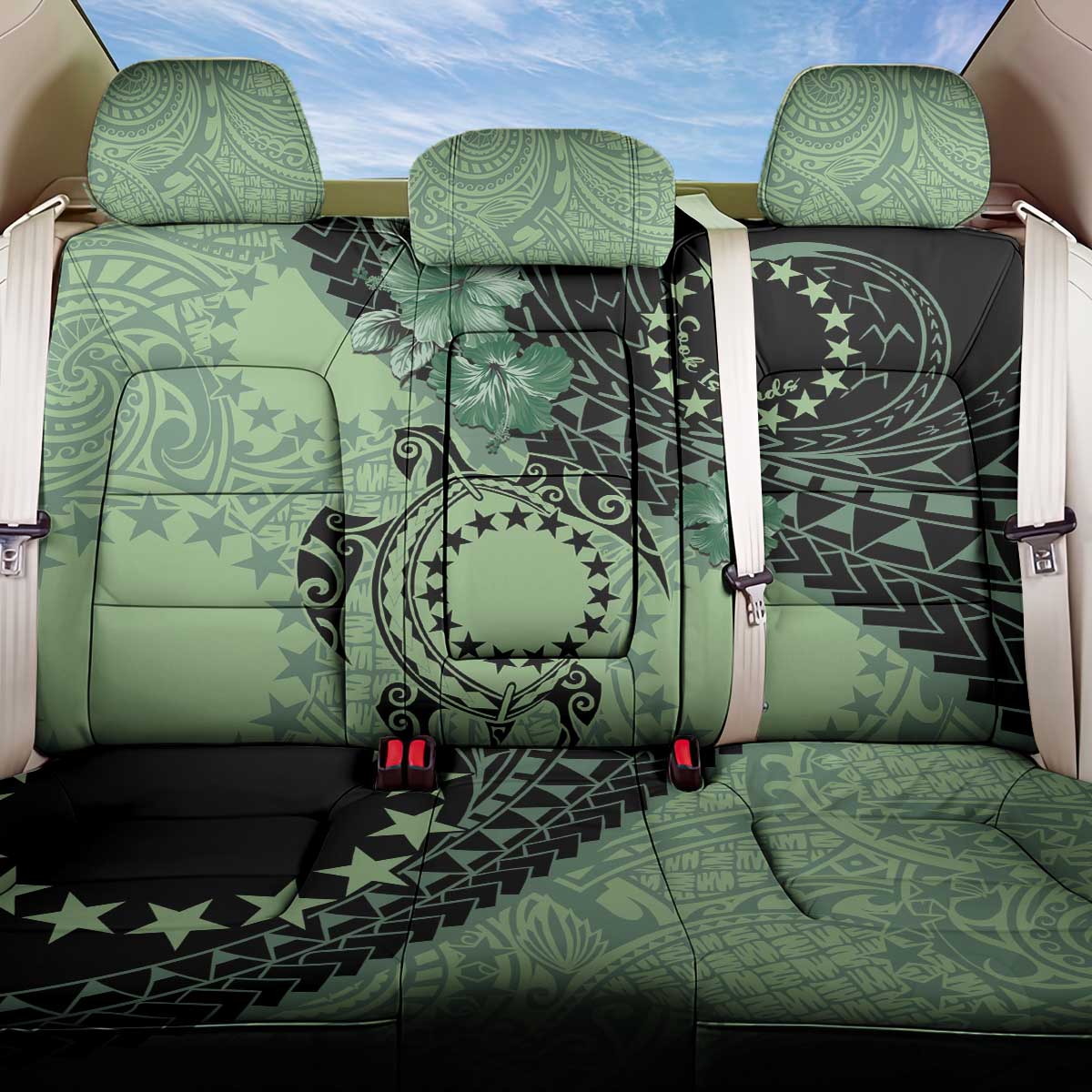 Cook Islands Turtle Back Car Seat Cover Stars and Hibiscus - Green