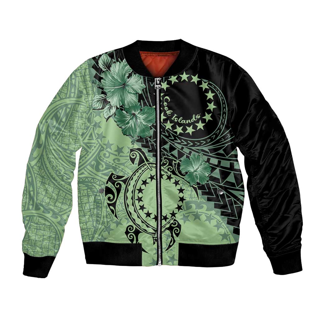 Cook Islands Turtle Bomber Jacket Stars and Hibiscus - Green