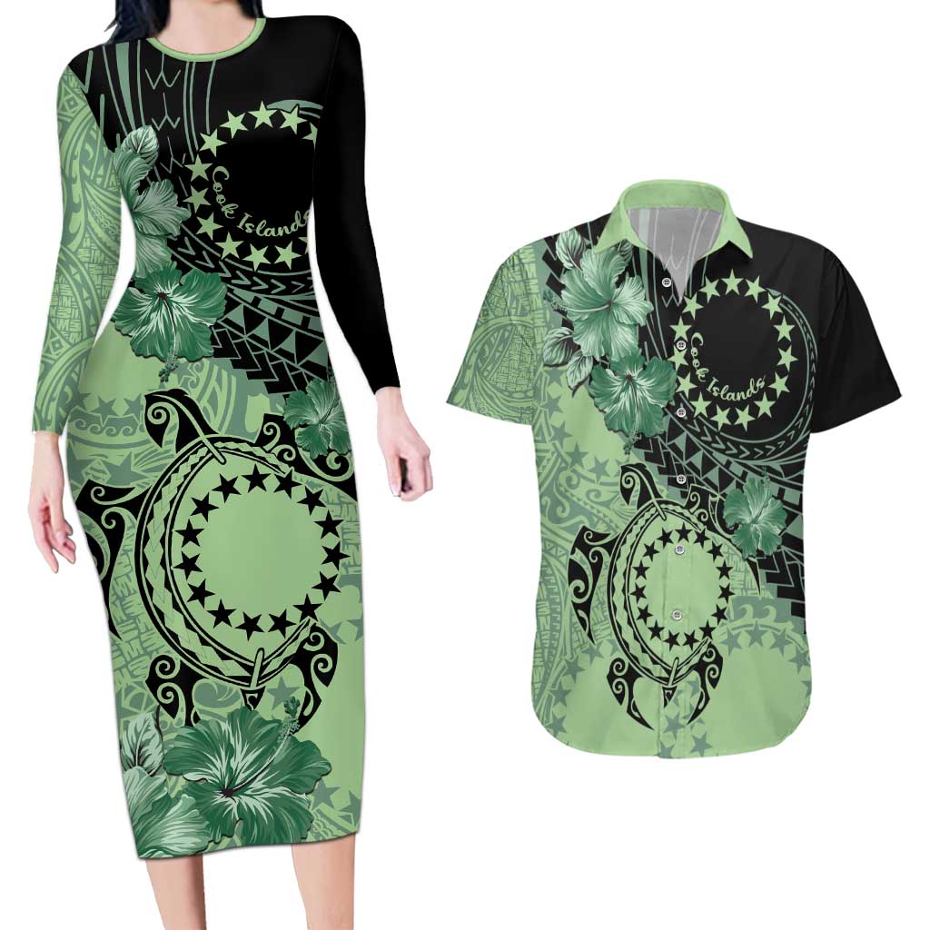 Cook Islands Turtle Couples Matching Long Sleeve Bodycon Dress and Hawaiian Shirt Stars and Hibiscus - Green