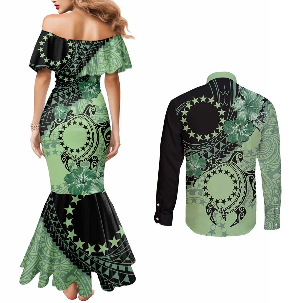 Cook Islands Turtle Couples Matching Mermaid Dress and Long Sleeve Button Shirt Stars and Hibiscus - Green