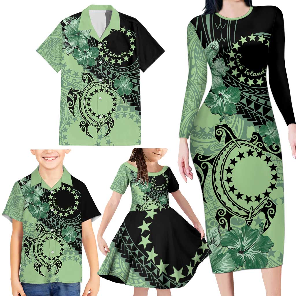 Cook Islands Turtle Family Matching Long Sleeve Bodycon Dress and Hawaiian Shirt Stars and Hibiscus - Green LT01 - Polynesian Pride