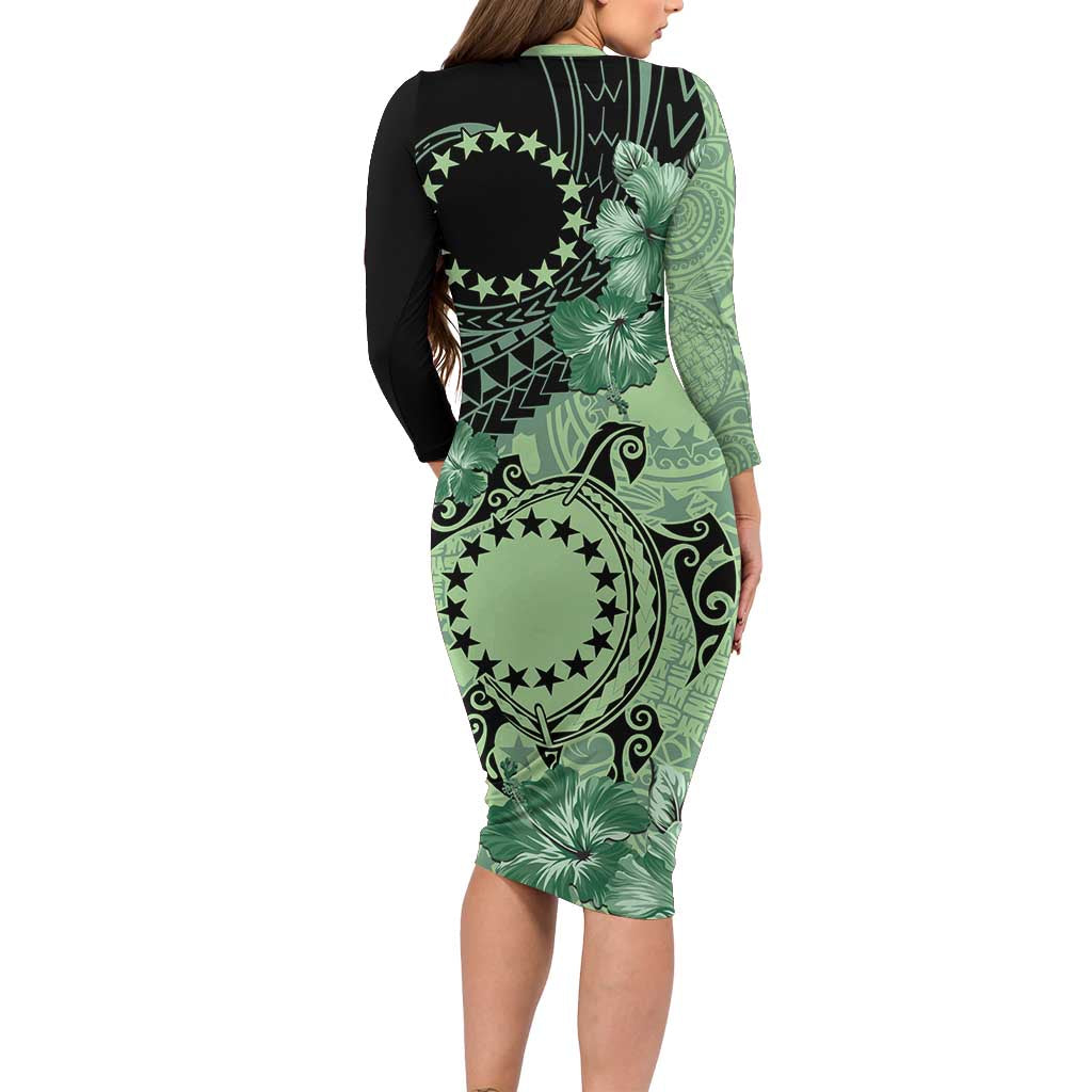Cook Islands Turtle Family Matching Long Sleeve Bodycon Dress and Hawaiian Shirt Stars and Hibiscus - Green LT01 - Polynesian Pride