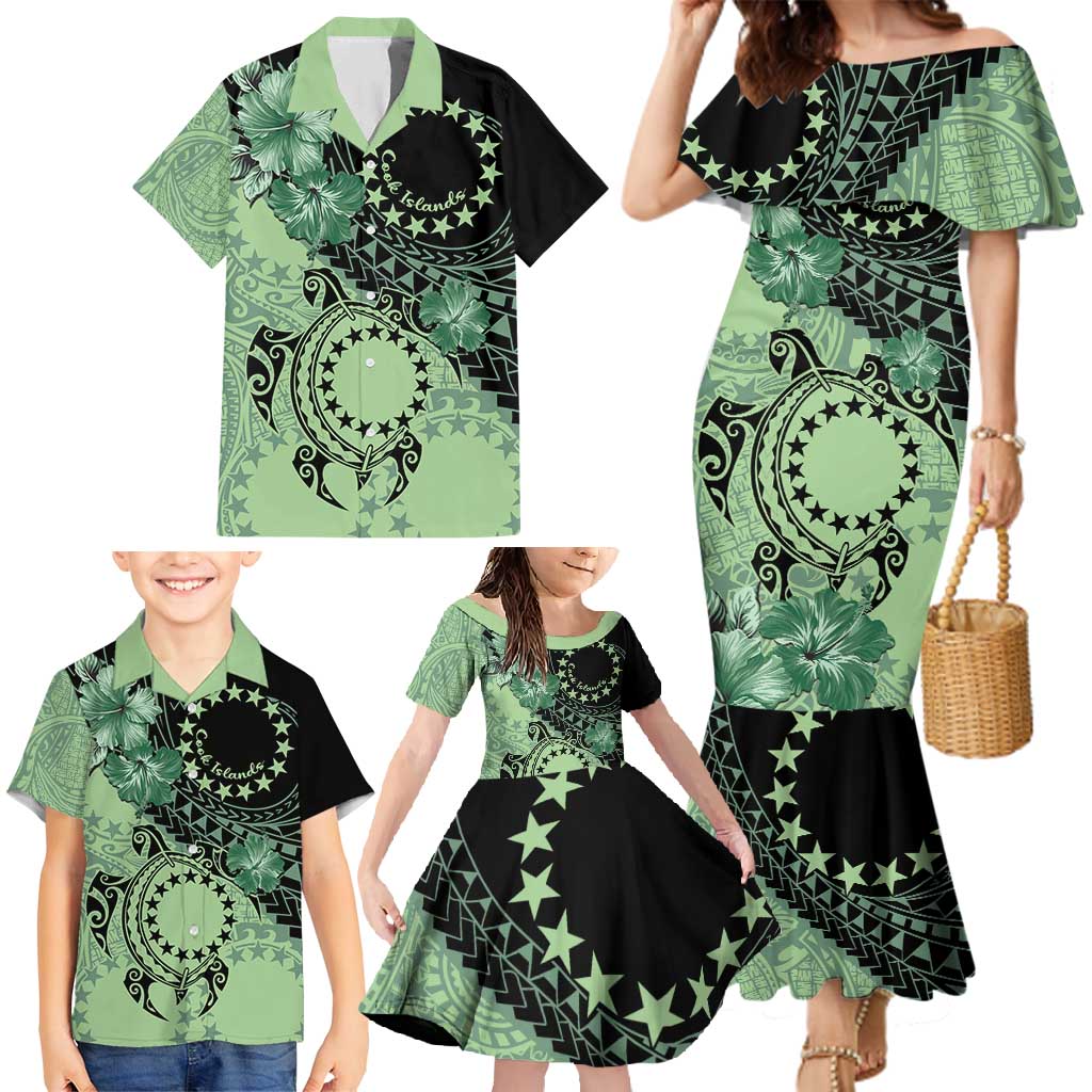 Cook Islands Turtle Family Matching Mermaid Dress and Hawaiian Shirt Stars and Hibiscus - Green LT01 - Polynesian Pride