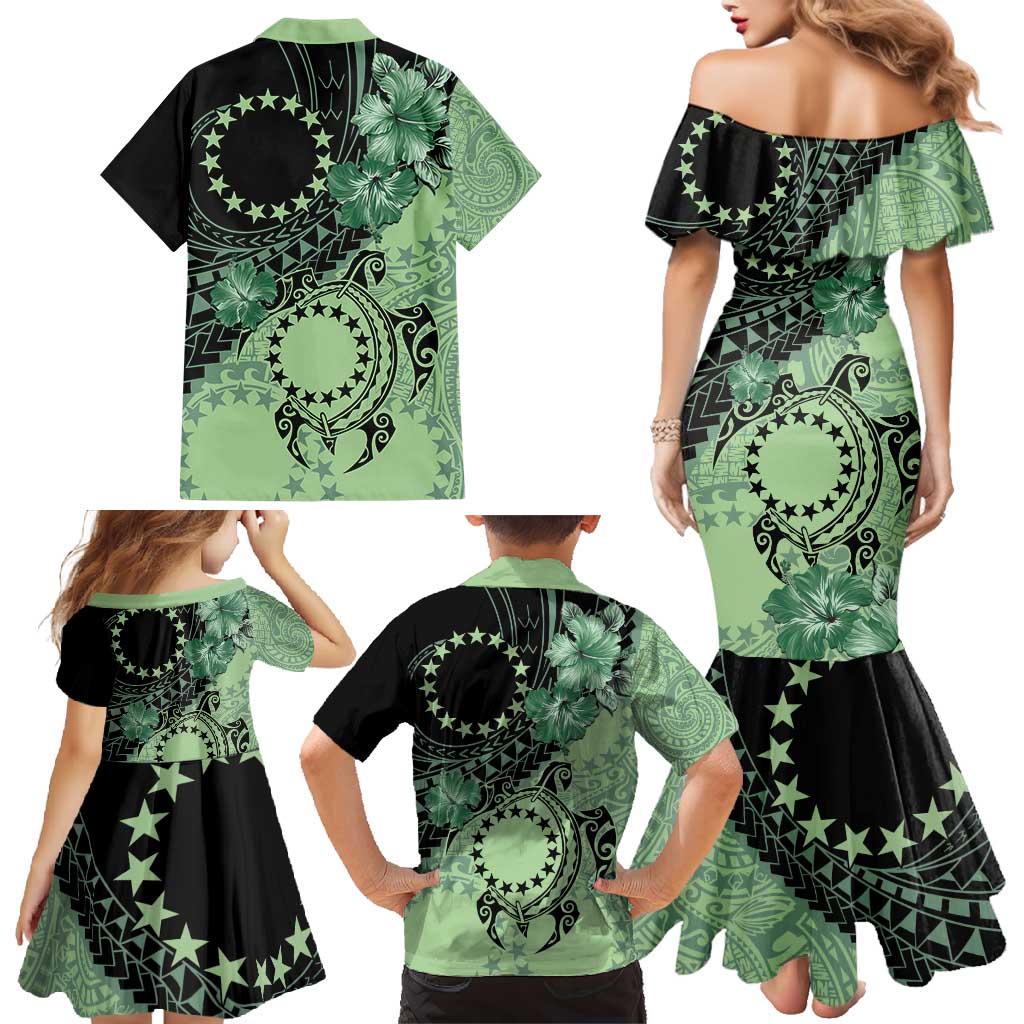 Cook Islands Turtle Family Matching Mermaid Dress and Hawaiian Shirt Stars and Hibiscus - Green LT01 - Polynesian Pride