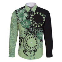 Cook Islands Turtle Family Matching Mermaid Dress and Hawaiian Shirt Stars and Hibiscus - Green LT01 Dad's Shirt - Long Sleeve Green - Polynesian Pride