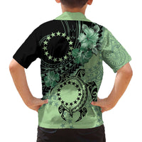 Cook Islands Turtle Family Matching Off The Shoulder Long Sleeve Dress and Hawaiian Shirt Stars and Hibiscus - Green