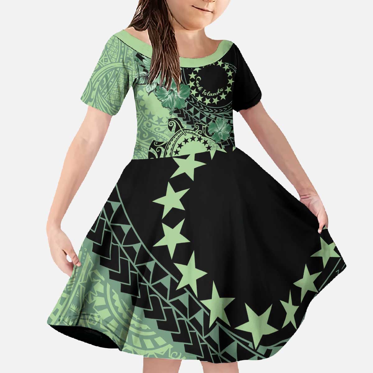 Cook Islands Turtle Family Matching Off The Shoulder Long Sleeve Dress and Hawaiian Shirt Stars and Hibiscus - Green