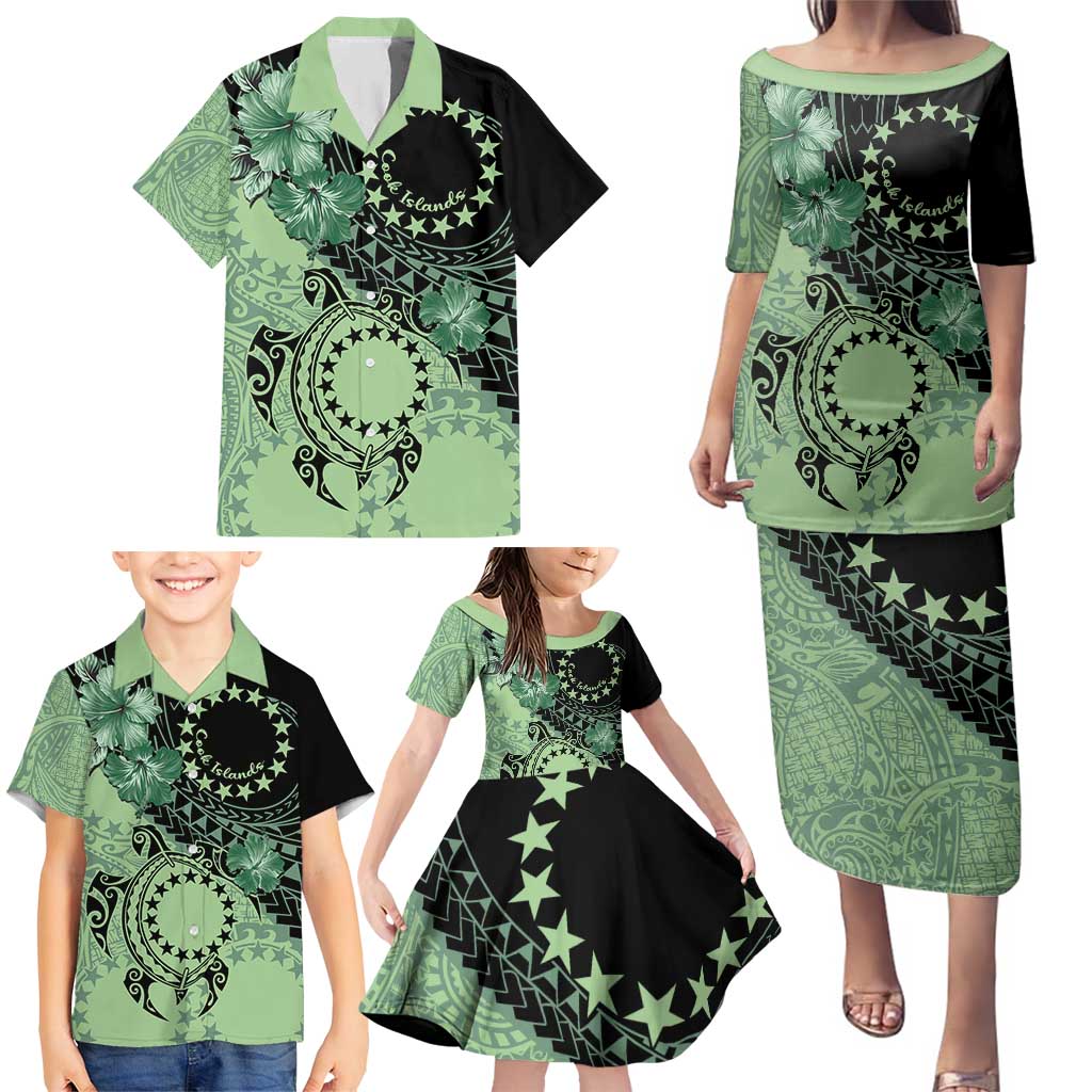 Cook Islands Turtle Family Matching Puletasi and Hawaiian Shirt Stars and Hibiscus - Green LT01 - Polynesian Pride