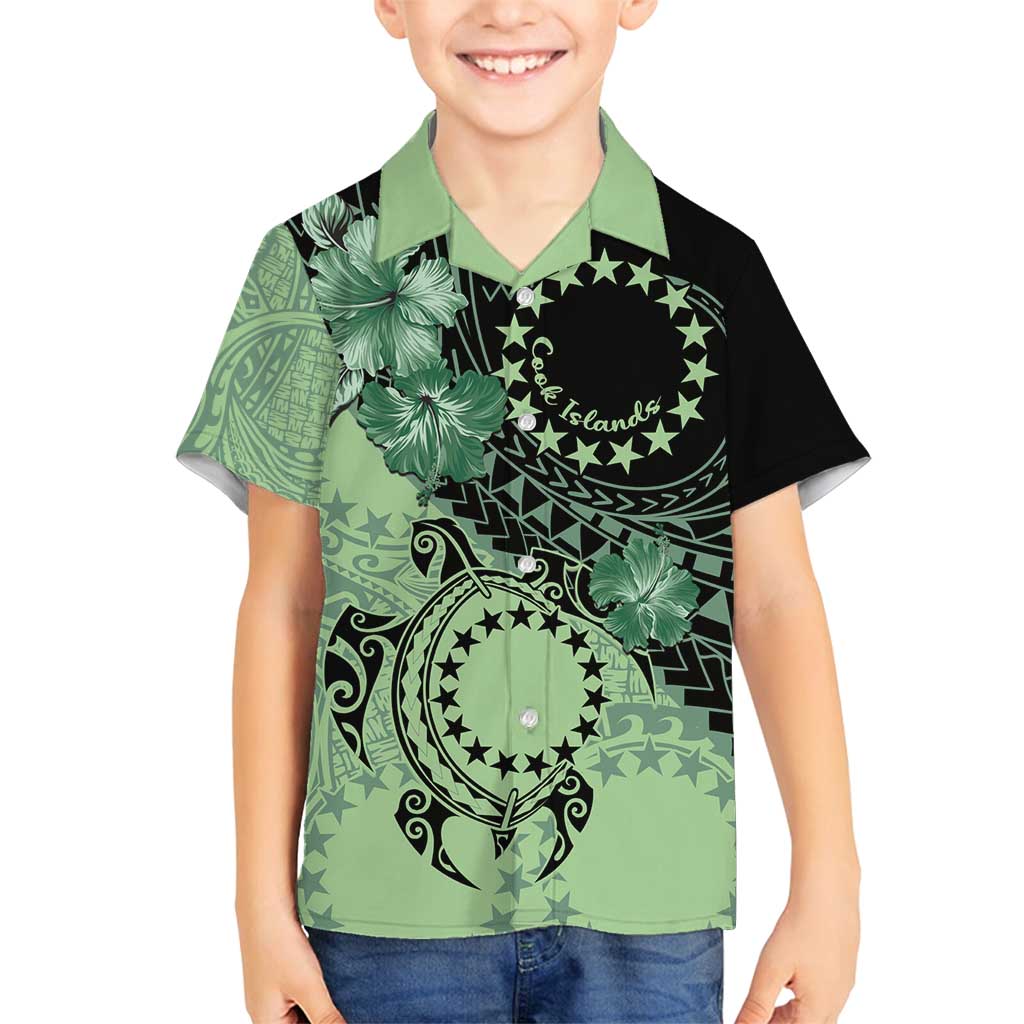Cook Islands Turtle Family Matching Puletasi and Hawaiian Shirt Stars and Hibiscus - Green LT01 Son's Shirt Green - Polynesian Pride