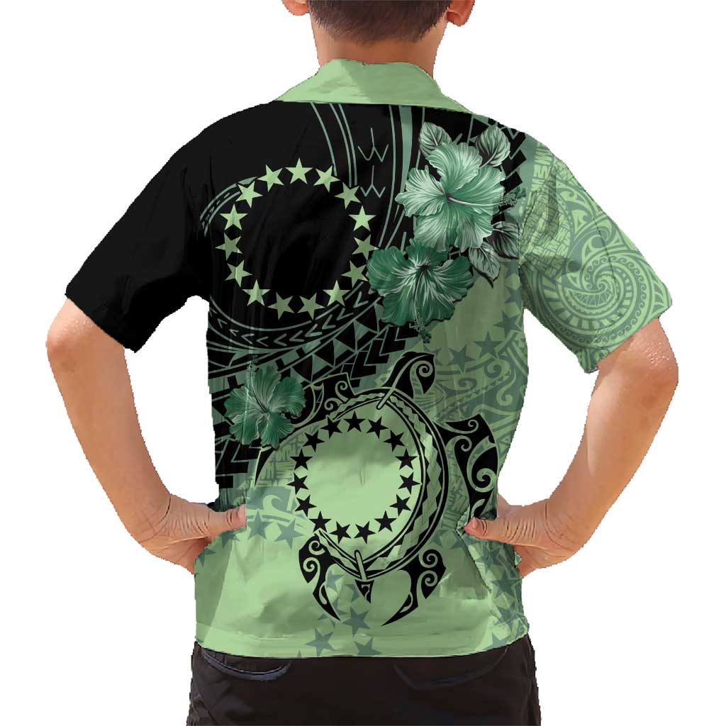 Cook Islands Turtle Family Matching Short Sleeve Bodycon Dress and Hawaiian Shirt Stars and Hibiscus - Green LT01 - Polynesian Pride