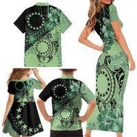 Cook Islands Turtle Family Matching Short Sleeve Bodycon Dress and Hawaiian Shirt Stars and Hibiscus - Green LT01 - Polynesian Pride
