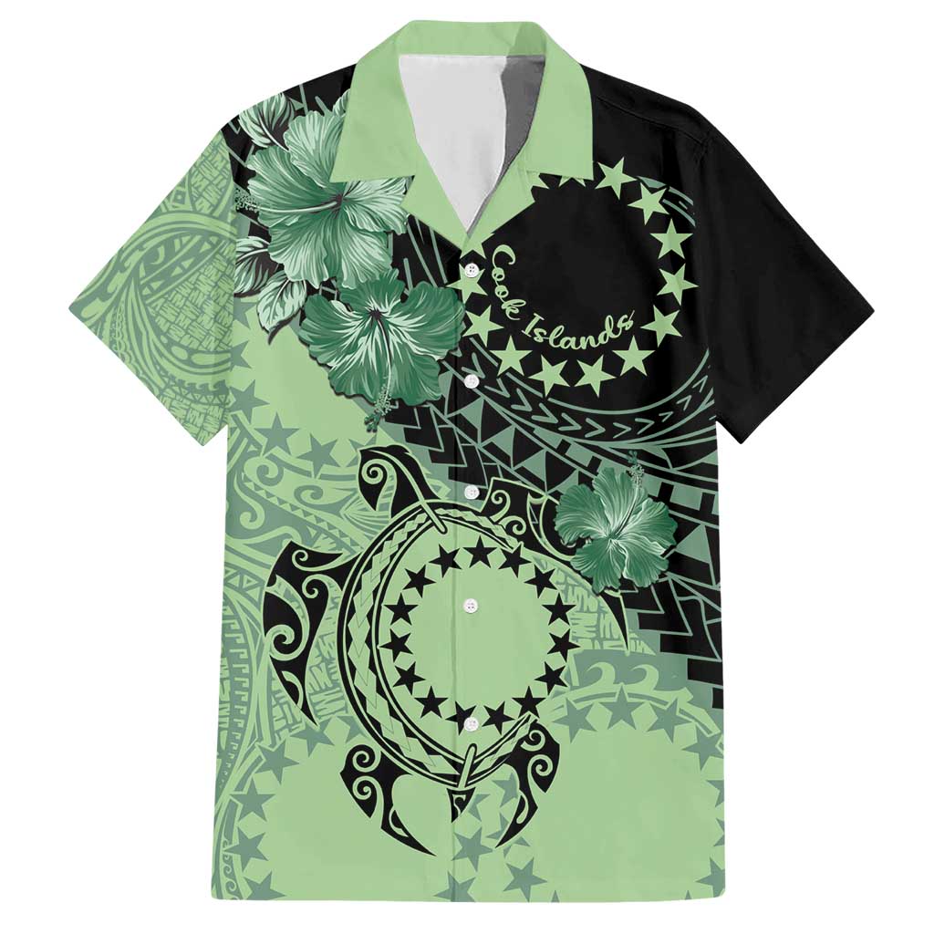 Cook Islands Turtle Family Matching Short Sleeve Bodycon Dress and Hawaiian Shirt Stars and Hibiscus - Green LT01 Dad's Shirt - Short Sleeve Green - Polynesian Pride