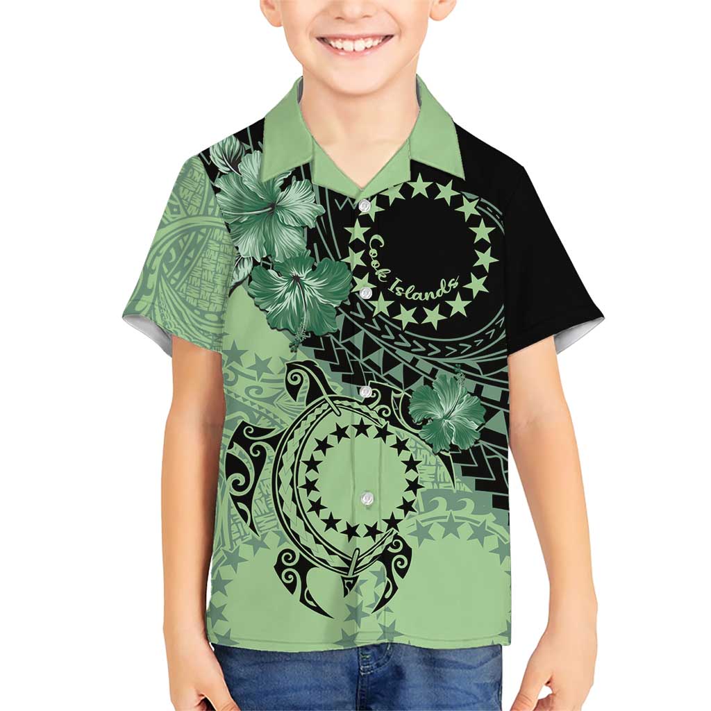Cook Islands Turtle Family Matching Short Sleeve Bodycon Dress and Hawaiian Shirt Stars and Hibiscus - Green LT01 Son's Shirt Green - Polynesian Pride