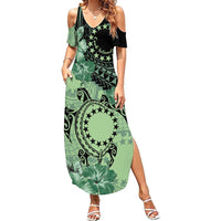 Cook Islands Turtle Family Matching Summer Maxi Dress and Hawaiian Shirt Stars and Hibiscus - Green