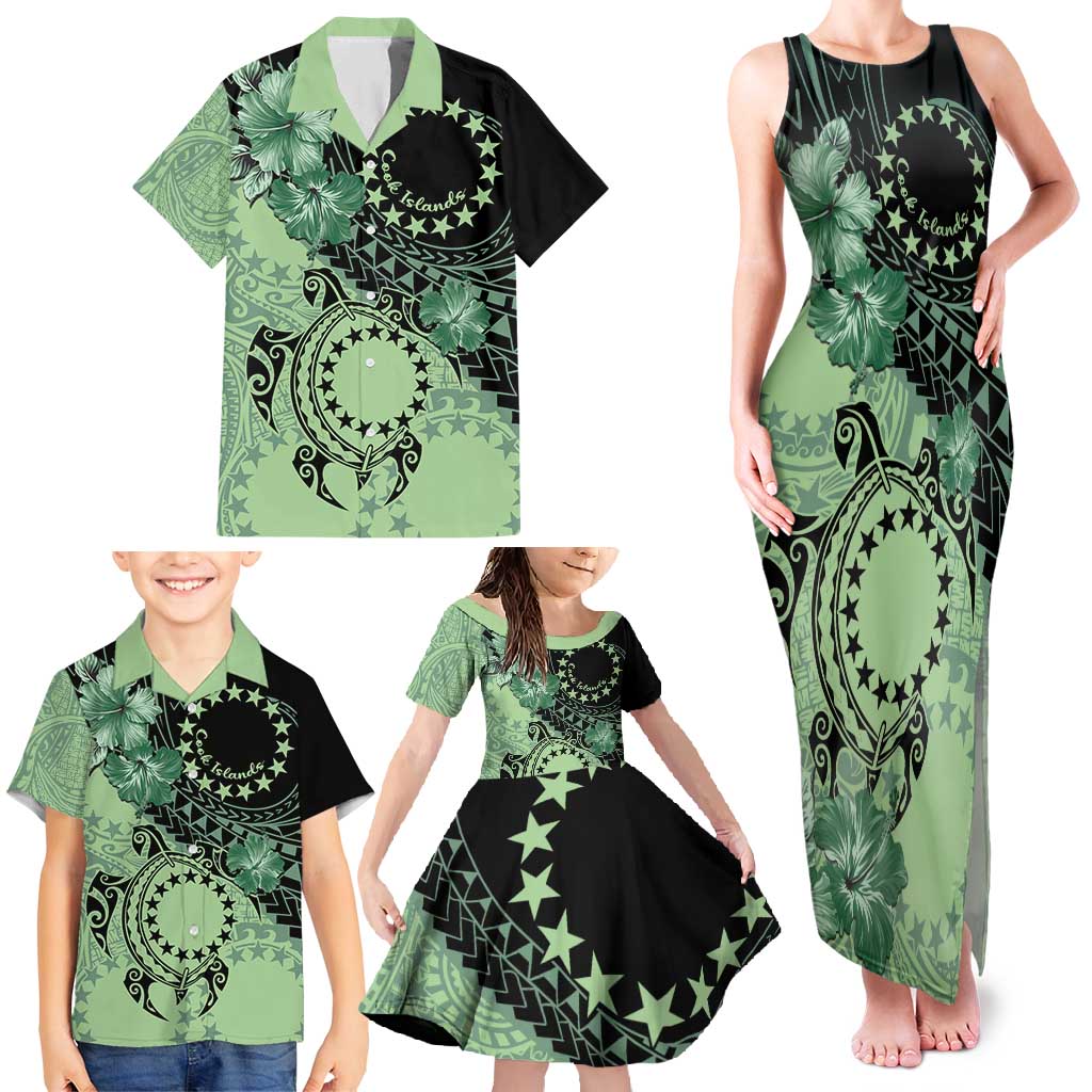 Cook Islands Turtle Family Matching Tank Maxi Dress and Hawaiian Shirt Stars and Hibiscus - Green LT01 - Polynesian Pride