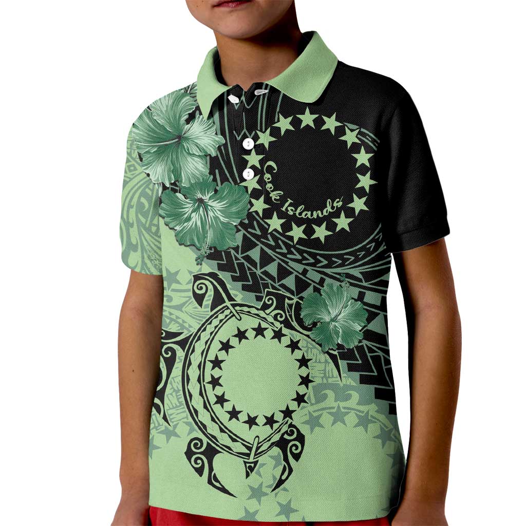 Cook Islands Turtle Kid Polo Shirt Stars and Hibiscus - Green