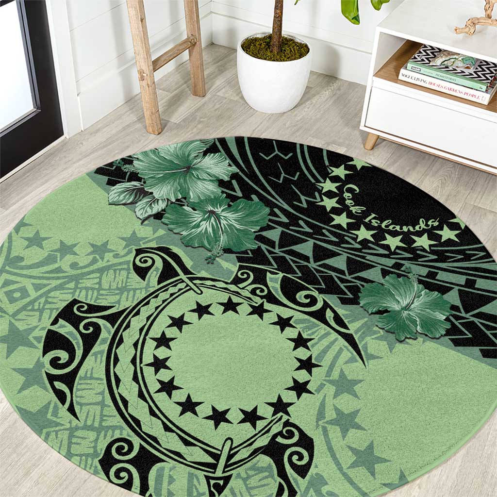 Cook Islands Turtle Round Carpet Stars and Hibiscus - Green