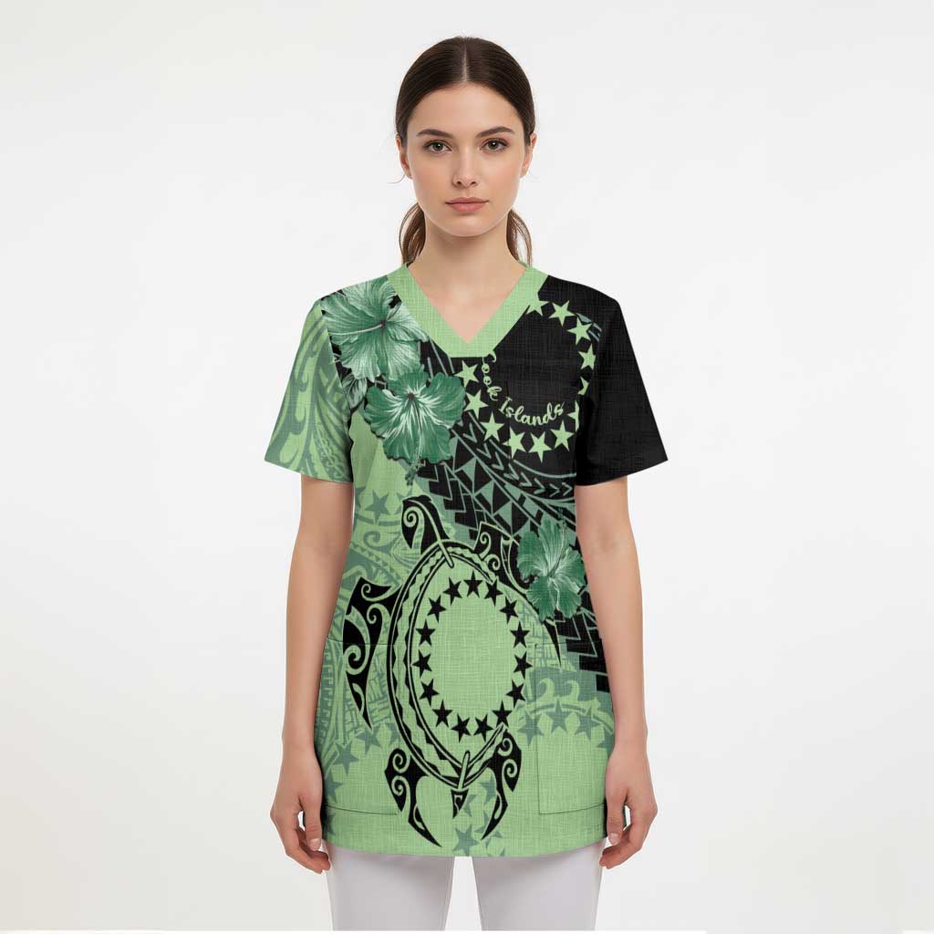 Cook Islands Turtle Scrub Top Stars and Hibiscus - Green - Polynesian Pride