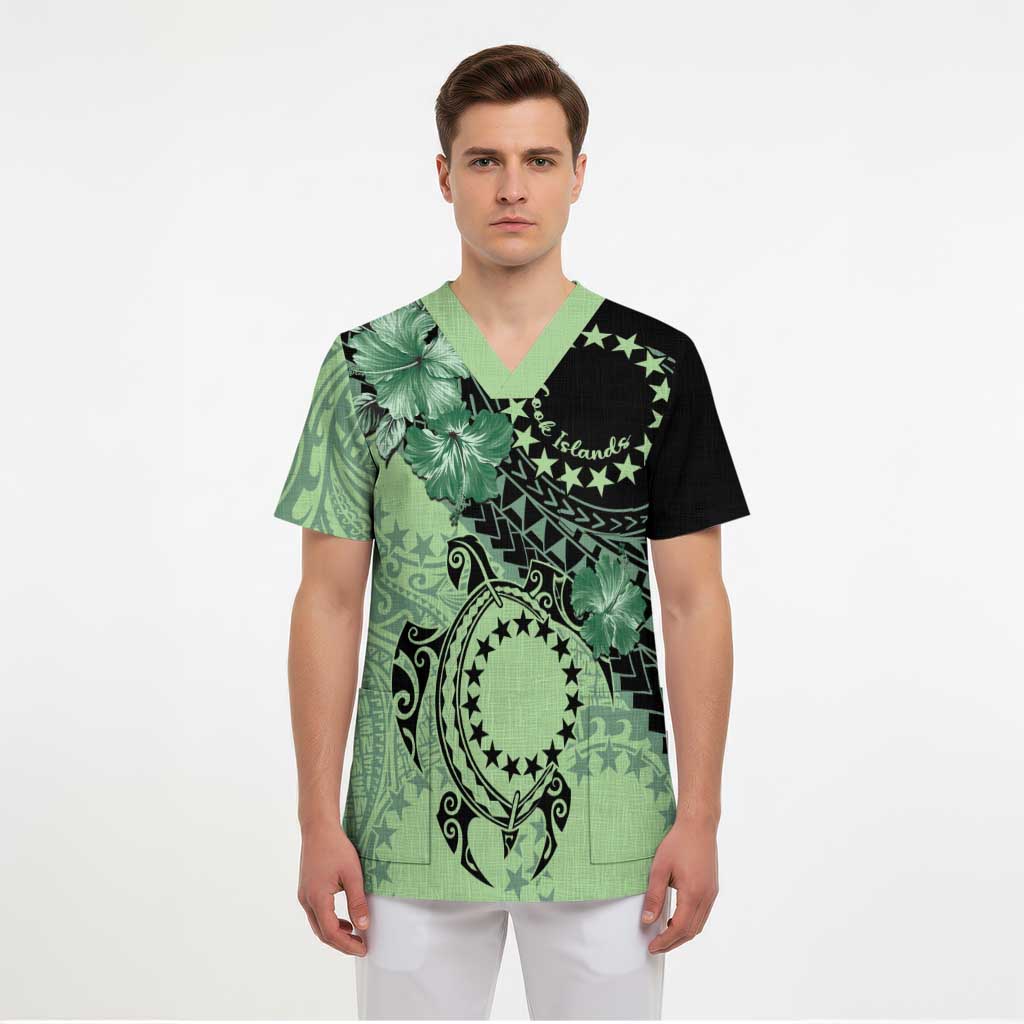 Cook Islands Turtle Scrub Top Stars and Hibiscus - Green - Polynesian Pride