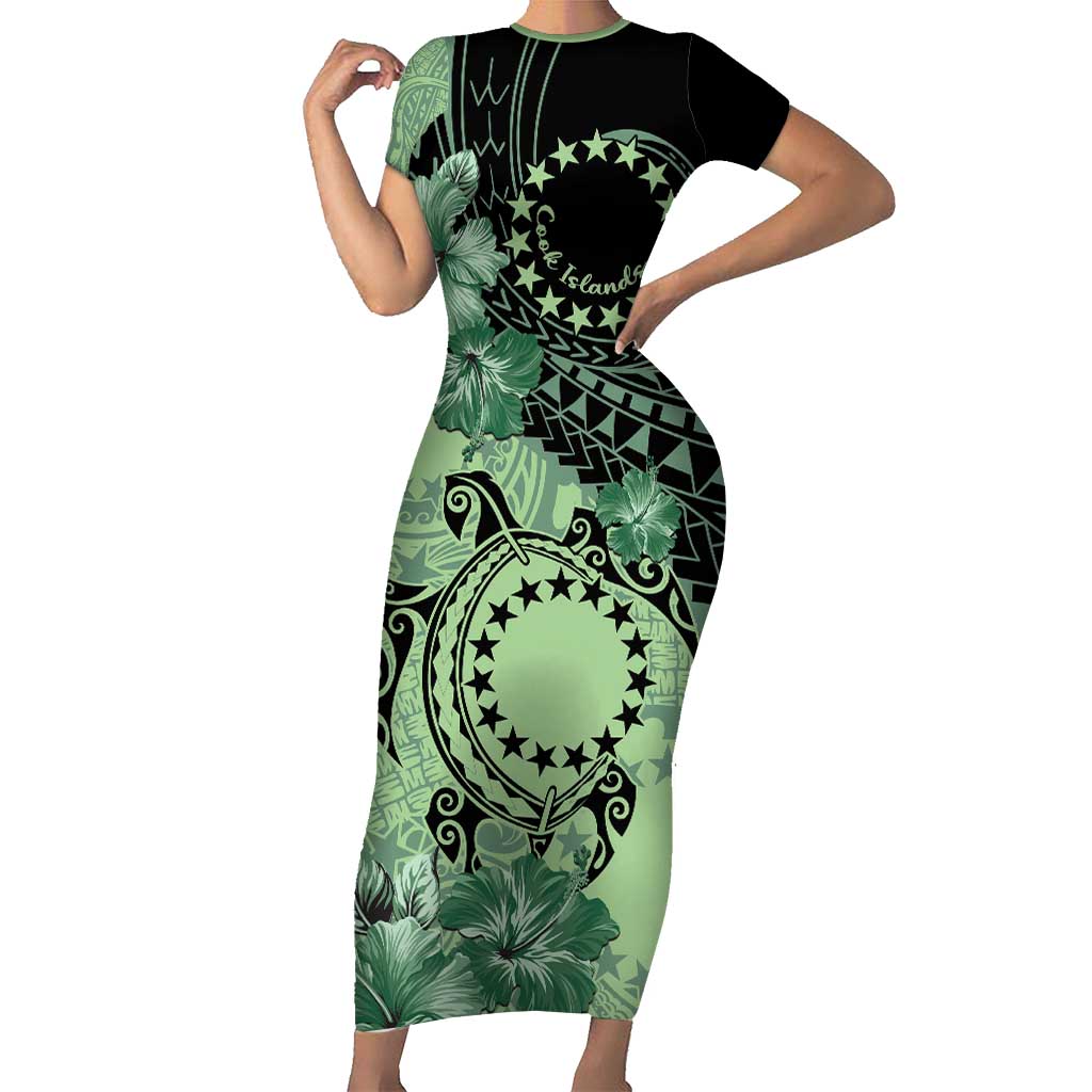 Cook Islands Turtle Short Sleeve Bodycon Dress Stars and Hibiscus - Green