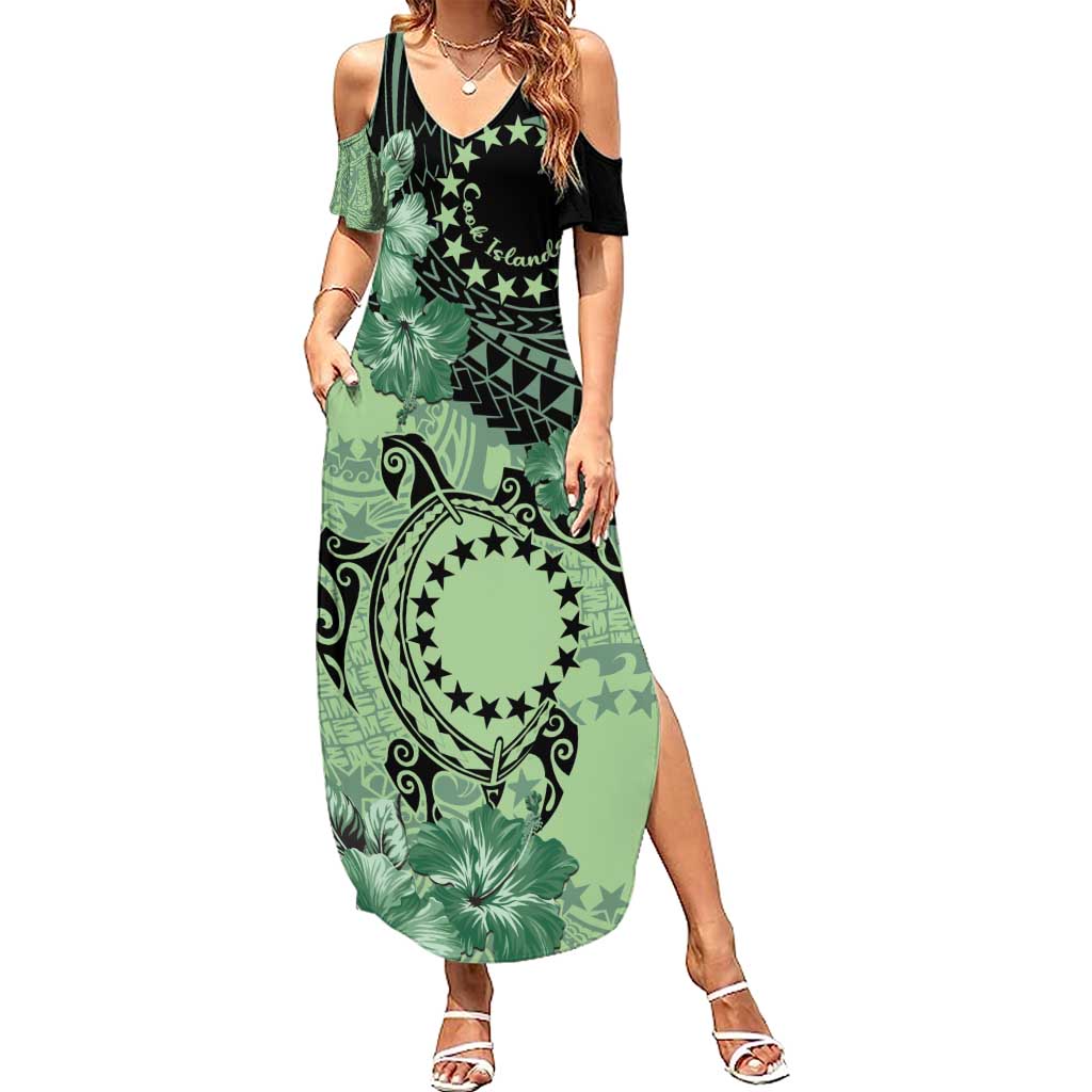 Cook Islands Turtle Summer Maxi Dress Stars and Hibiscus - Green