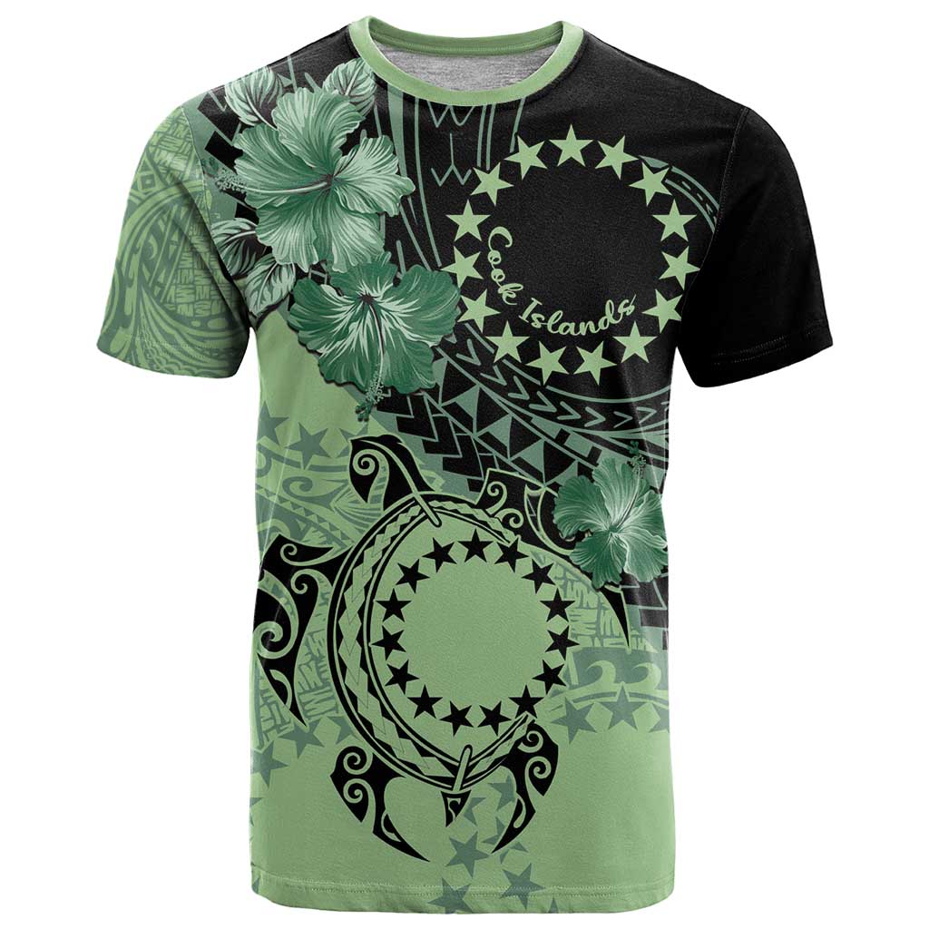 Cook Islands Turtle T Shirt Stars and Hibiscus - Green