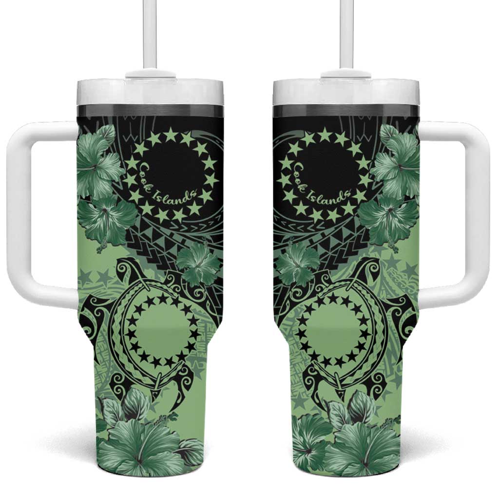 Cook Islands Turtle Tumbler With Handle Stars and Hibiscus - Green