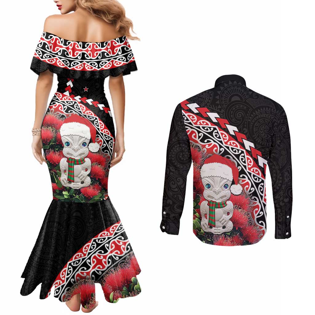 New Zealand Christmas Meri Kirihimete Couples Matching Mermaid Dress and Long Sleeve Button Shirt Santa Hei Tiki Pohutukawa