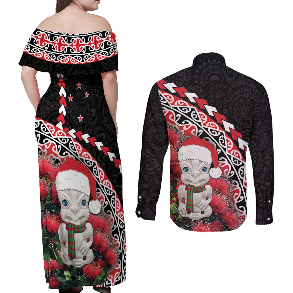 New Zealand Christmas Meri Kirihimete Couples Matching Off Shoulder Maxi Dress and Long Sleeve Button Shirt Santa Hei Tiki Pohutukawa