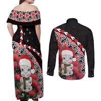 New Zealand Christmas Meri Kirihimete Couples Matching Off Shoulder Maxi Dress and Long Sleeve Button Shirt Santa Hei Tiki Pohutukawa