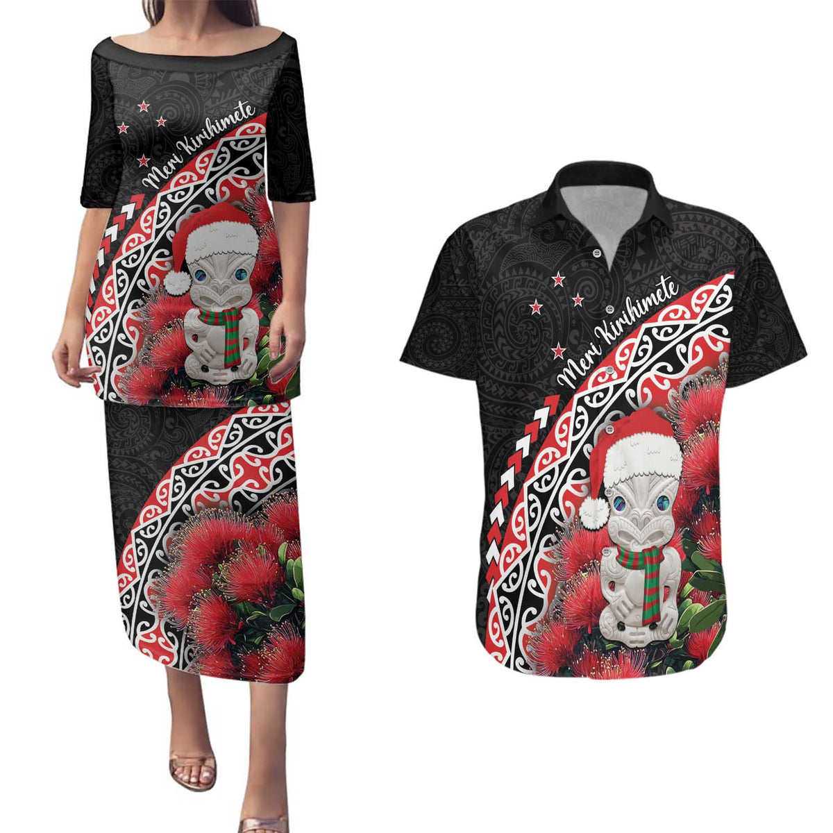 New Zealand Christmas Meri Kirihimete Couples Matching Puletasi and Hawaiian Shirt Santa Hei Tiki Pohutukawa LT01 Black - Polynesian Pride