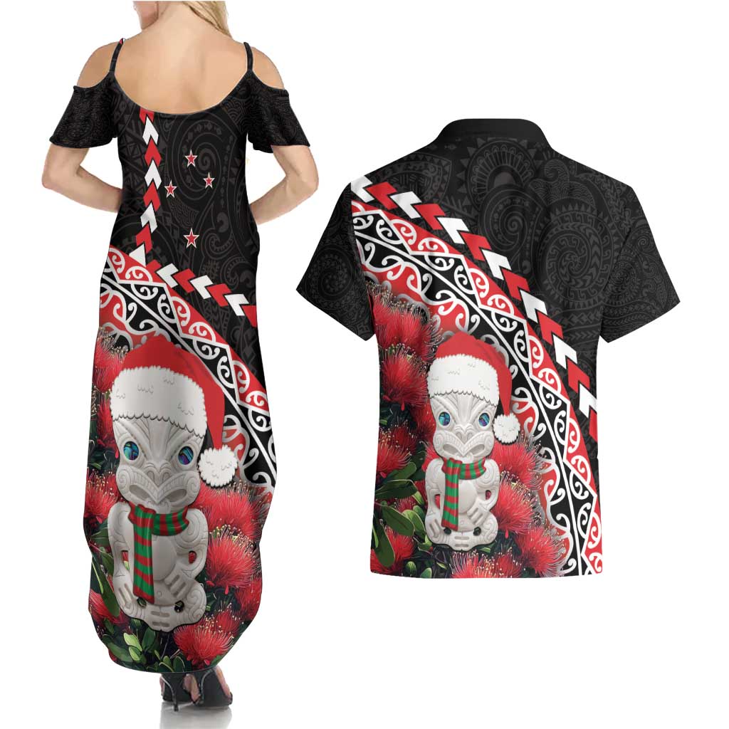 New Zealand Christmas Meri Kirihimete Couples Matching Summer Maxi Dress and Hawaiian Shirt Santa Hei Tiki Pohutukawa LT01 - Polynesian Pride
