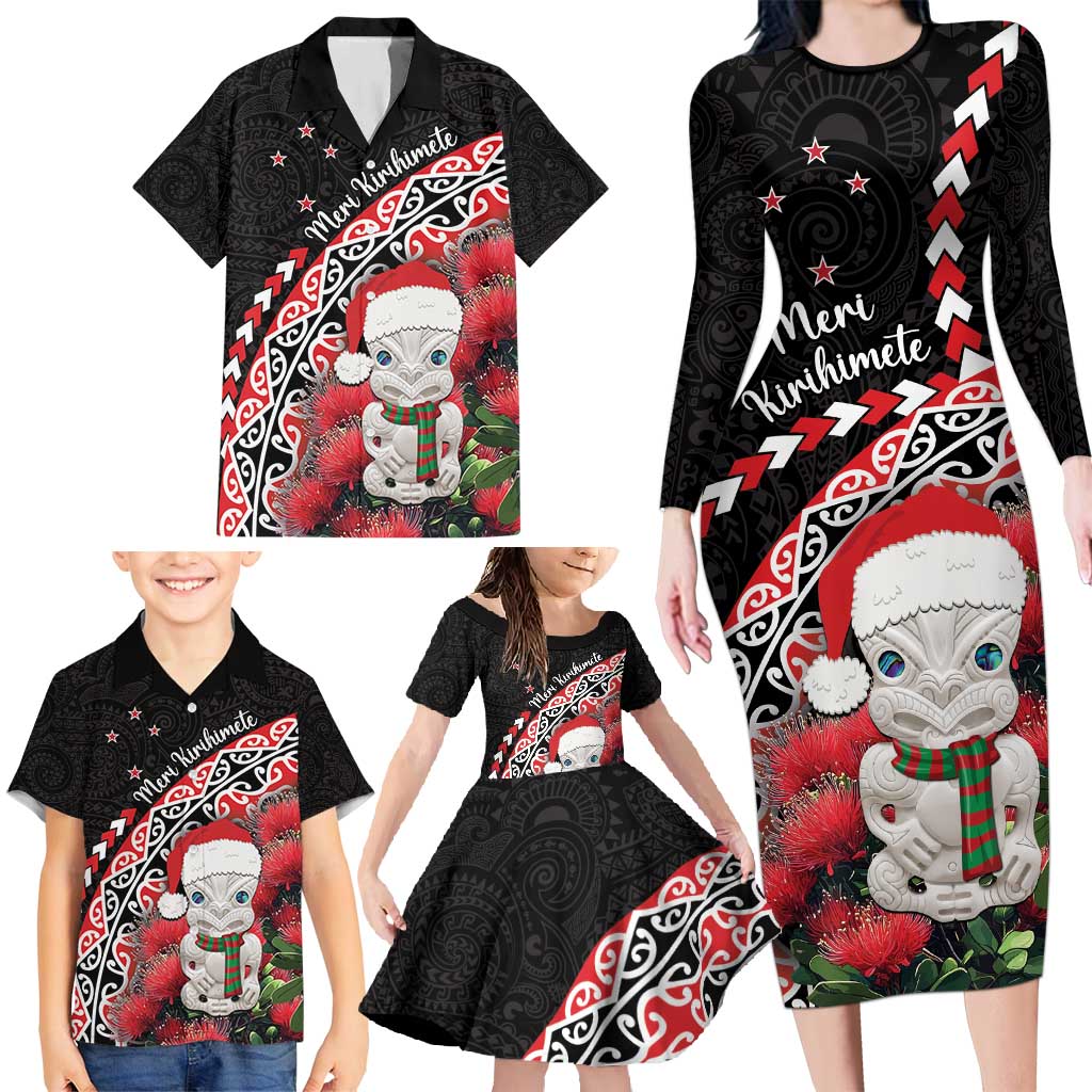 New Zealand Christmas Meri Kirihimete Family Matching Long Sleeve Bodycon Dress and Hawaiian Shirt Santa Hei Tiki Pohutukawa LT01 - Polynesian Pride