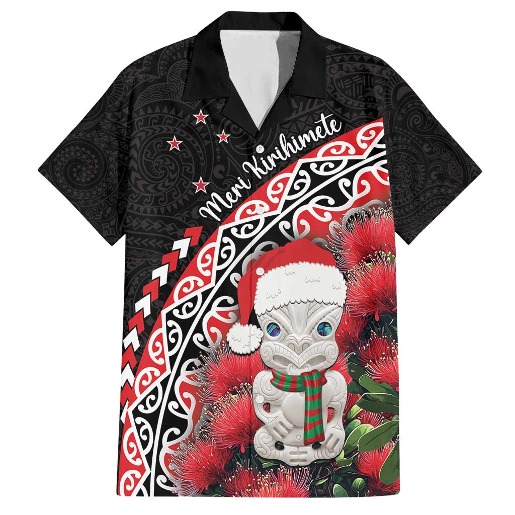 New Zealand Christmas Meri Kirihimete Family Matching Long Sleeve Bodycon Dress and Hawaiian Shirt Santa Hei Tiki Pohutukawa LT01 Dad's Shirt - Short Sleeve Black - Polynesian Pride