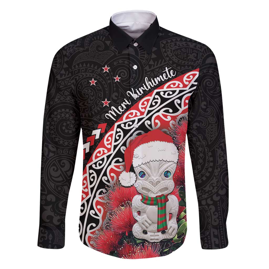 New Zealand Christmas Meri Kirihimete Family Matching Long Sleeve Bodycon Dress and Hawaiian Shirt Santa Hei Tiki Pohutukawa LT01 Dad's Shirt - Long Sleeve Black - Polynesian Pride