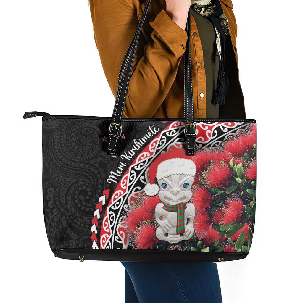New Zealand Christmas Meri Kirihimete Leather Tote Bag Santa Hei Tiki Pohutukawa