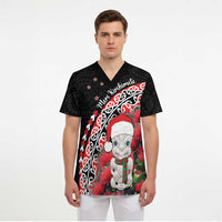 New Zealand Christmas Meri Kirihimete Scrub Top Santa Hei Tiki Pohutukawa - Polynesian Pride