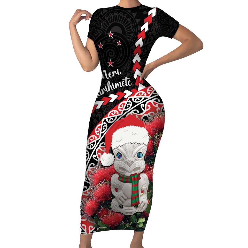 New Zealand Christmas Meri Kirihimete Short Sleeve Bodycon Dress Santa Hei Tiki Pohutukawa