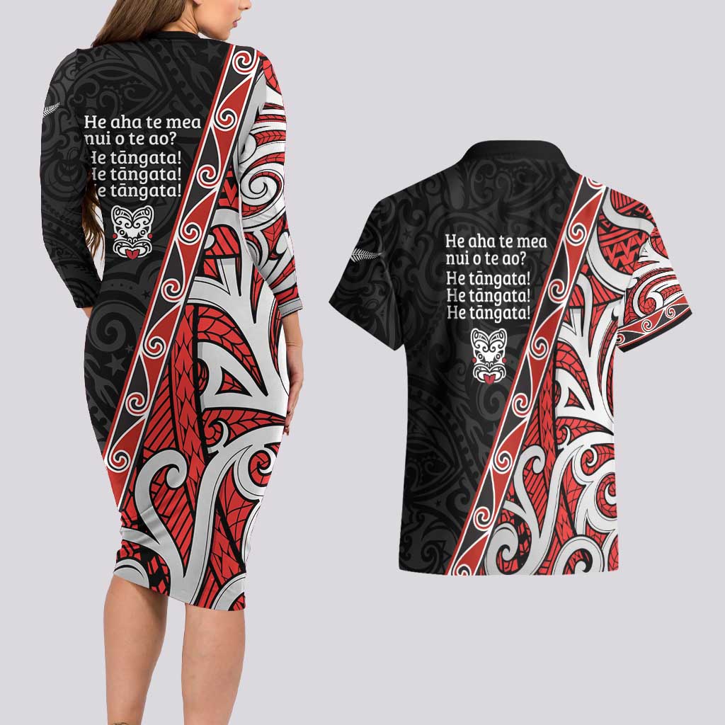 Aotearoa Toitu Te Tiriti Couples Matching Long Sleeve Bodycon Dress and Hawaiian Shirt Honour The Treaty New Zealand